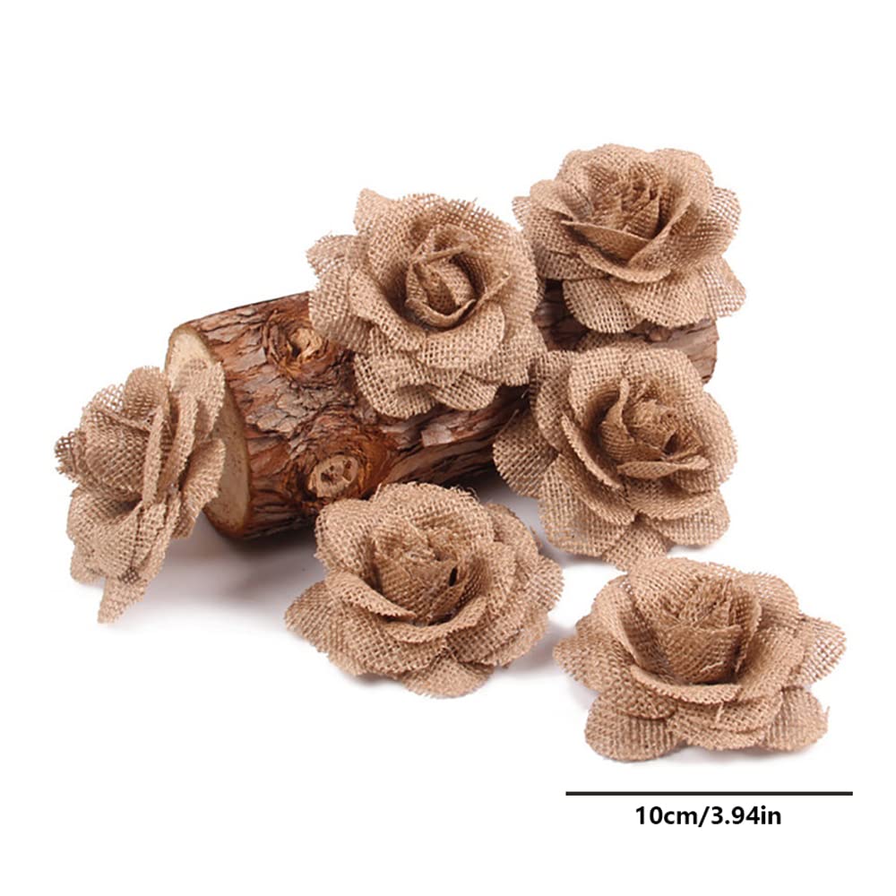INLAZYTIM 12PCS Large Burlap Flowers for Crafts 3.15 in, Handmade Jute Burlap Roses Embellishments for Wedding Party Scrapbooking Decorations