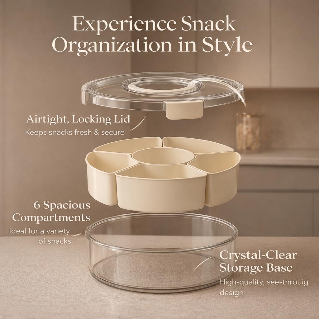 Divided Serving Tray with Lid - Snack Tray - Snack Box - Portable Snackle Box Organizer for Fruit, Salad, Chips & Dip - Lazy Susan Platter with Handle for Parties, Road Trips, Kids & Charcuterie