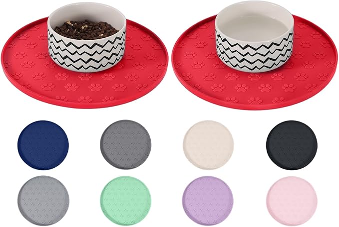 Comtim Waterproof Dog Food Mat - 2 Pack Silicone Pet Food Mat Dog Food Bowl Mats Cat Water Mats Eating Tray, Non-Slip Pet Placemat with Lip for Messy Drinkers to Protect Floor,Dark Grey 11"×11"