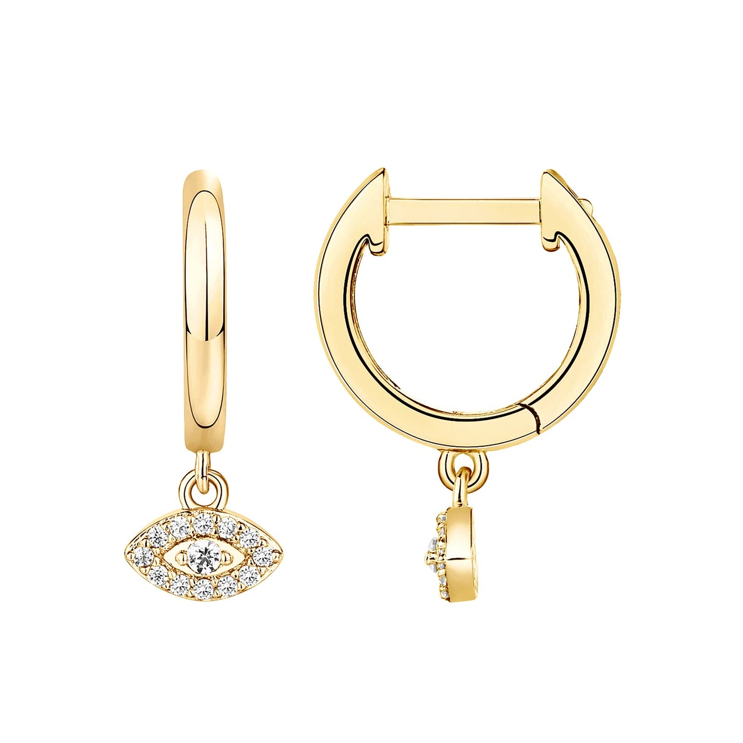 PAVOI 14K Yellow Gold Plated 925 Sterling Silver Post Good Luck Dangle Huggie Hoop Earrings For Women - Trendy Evil Eye Drop Hoop Earrings - Cubic Zirconia Small Hinged Huggies