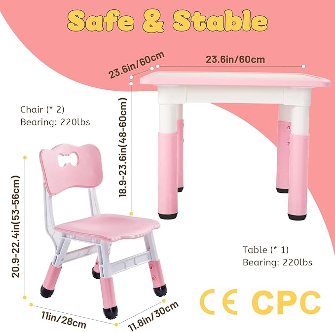 FUNLIO Kids Table and 2 Chairs Set, Height Adjustable Toddler Table and Chair Set for Ages 3-8, Easy to Wipe Arts & Crafts Table, for Classrooms/Daycares/Homes, CPC & CE Approved (3pcs Set) - Pink