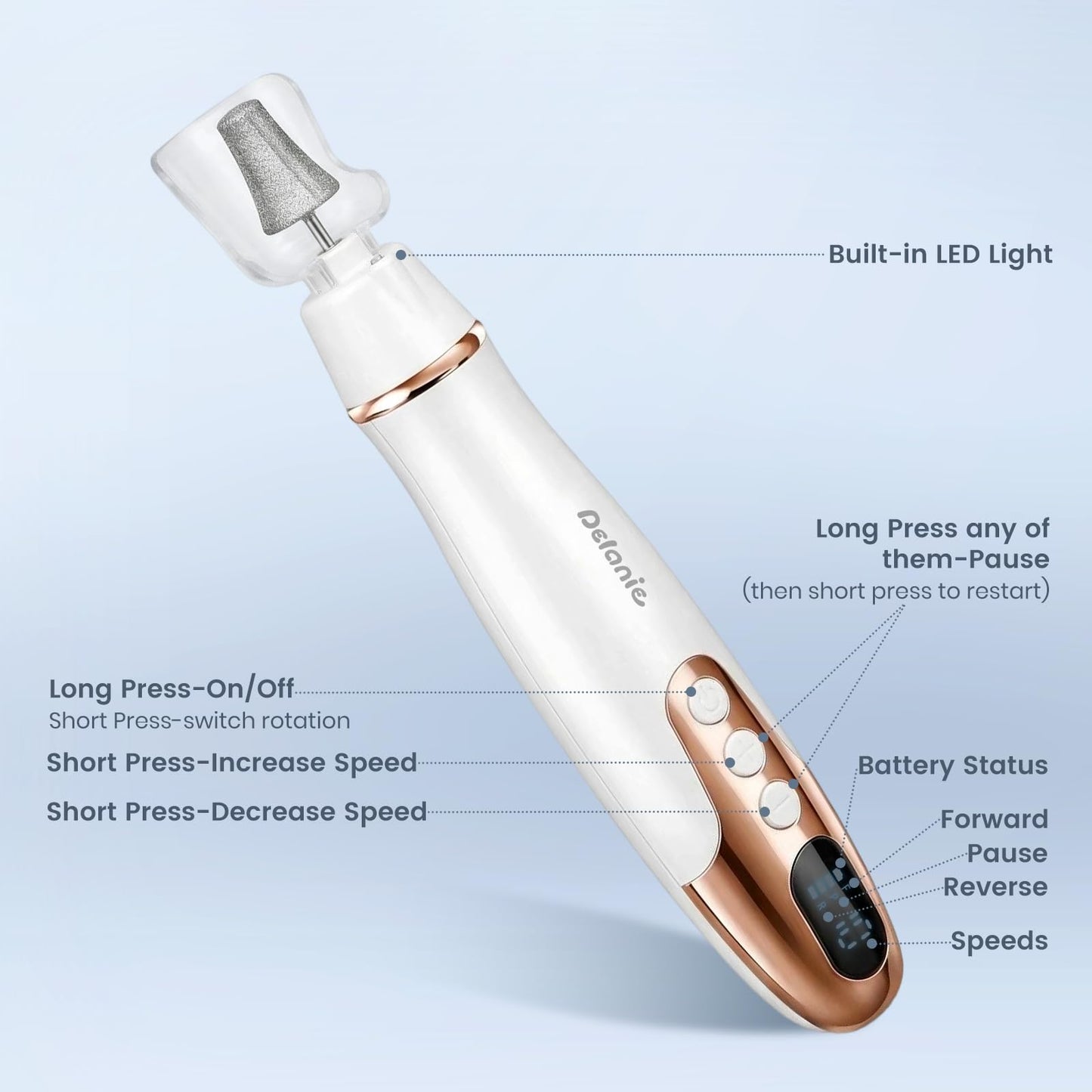 Delanie Electric Nail File for Thick Toe Nails, Cordless Nail Drill Efile, Portable Manicure Pedicure Kit for Nails Acrylic, 10 Speeds Pedicure Tools for Feet Callus Remover