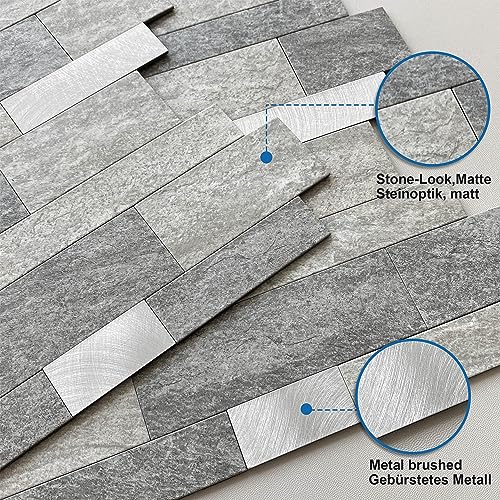 MOFIT Backsplash Tile for Kitchen Peel and Stick Stone Matte Finish,Bathroom Tiles Stickers 3D Wall Panel Linear Mosaic Marble Backsplash Waterproof(10sheets,Gray Silver) - color: Gray Silver, size: 10sheets