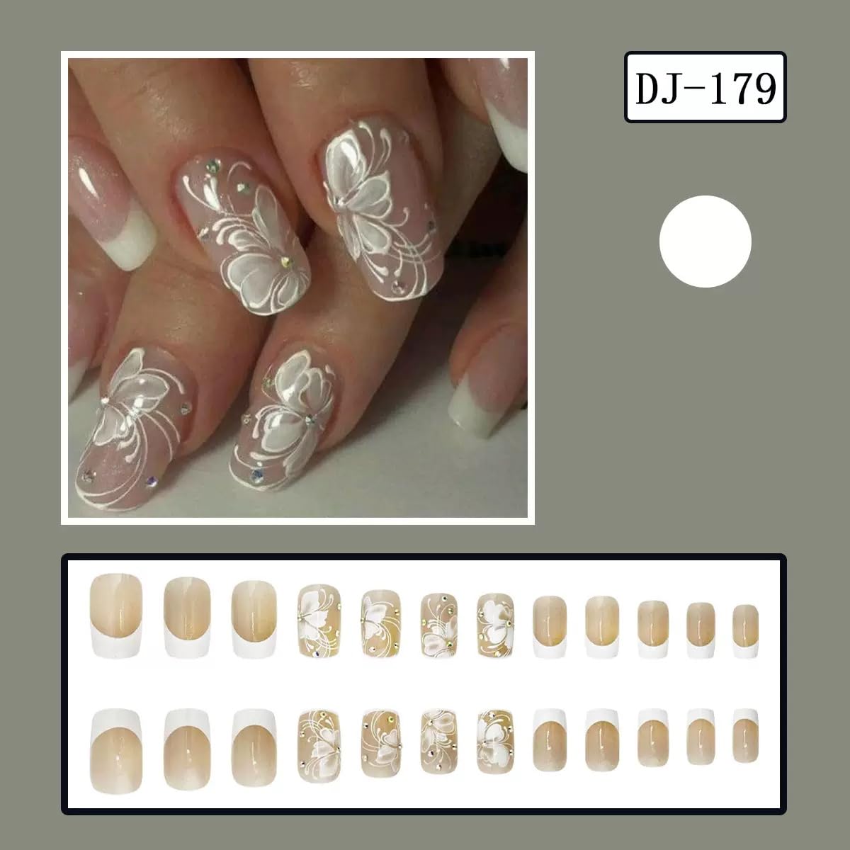 Square Press on Nails Medium - White Fake Nails with Flower Design - Rhinestone, French Tip Full Cover Stick on Nails - for Women 24 Pcs