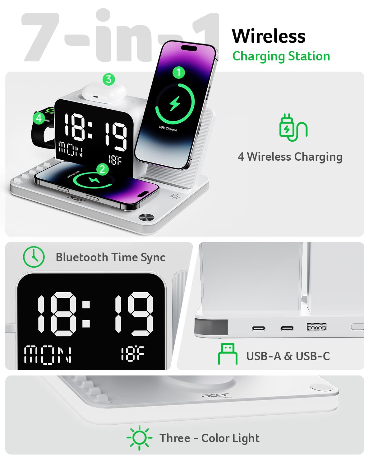Acer 7-in-1 Wireless Charging Station with LED Clock - 30W Fast Wireless Charger for iPhone 16/15/14/13/12/Pro Max, Apple Watch, AirPods - Bluetooth Auto Time Sync & Night Lights (White)