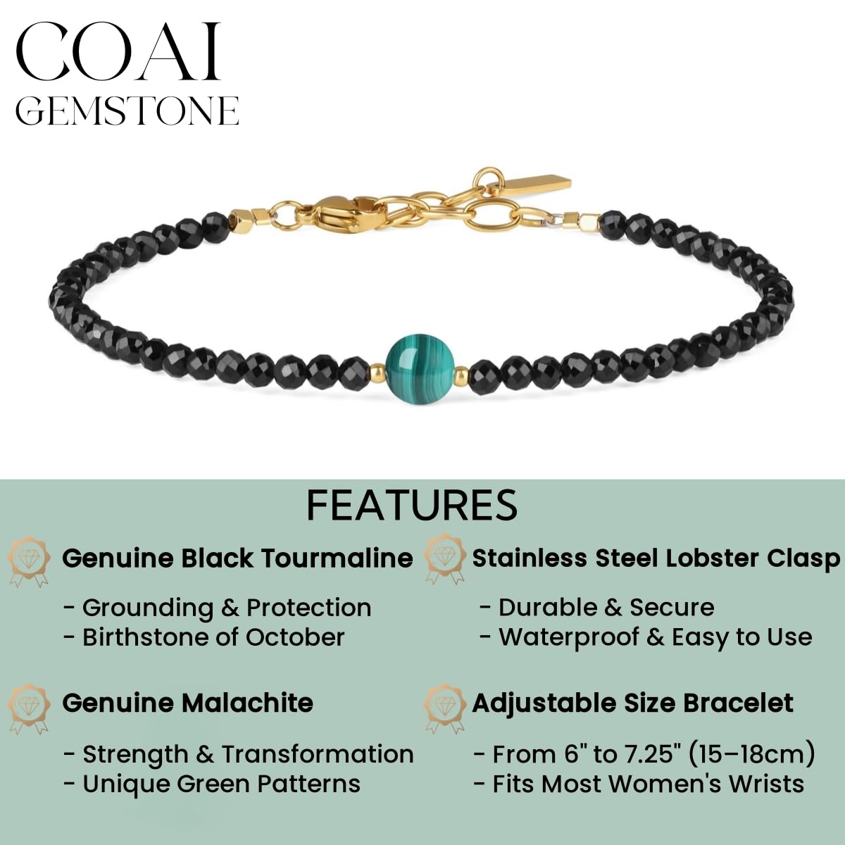 COAI Birthstone Bracelet for Women, Malachite Black Tourmaline Bracelet for Women 3mm