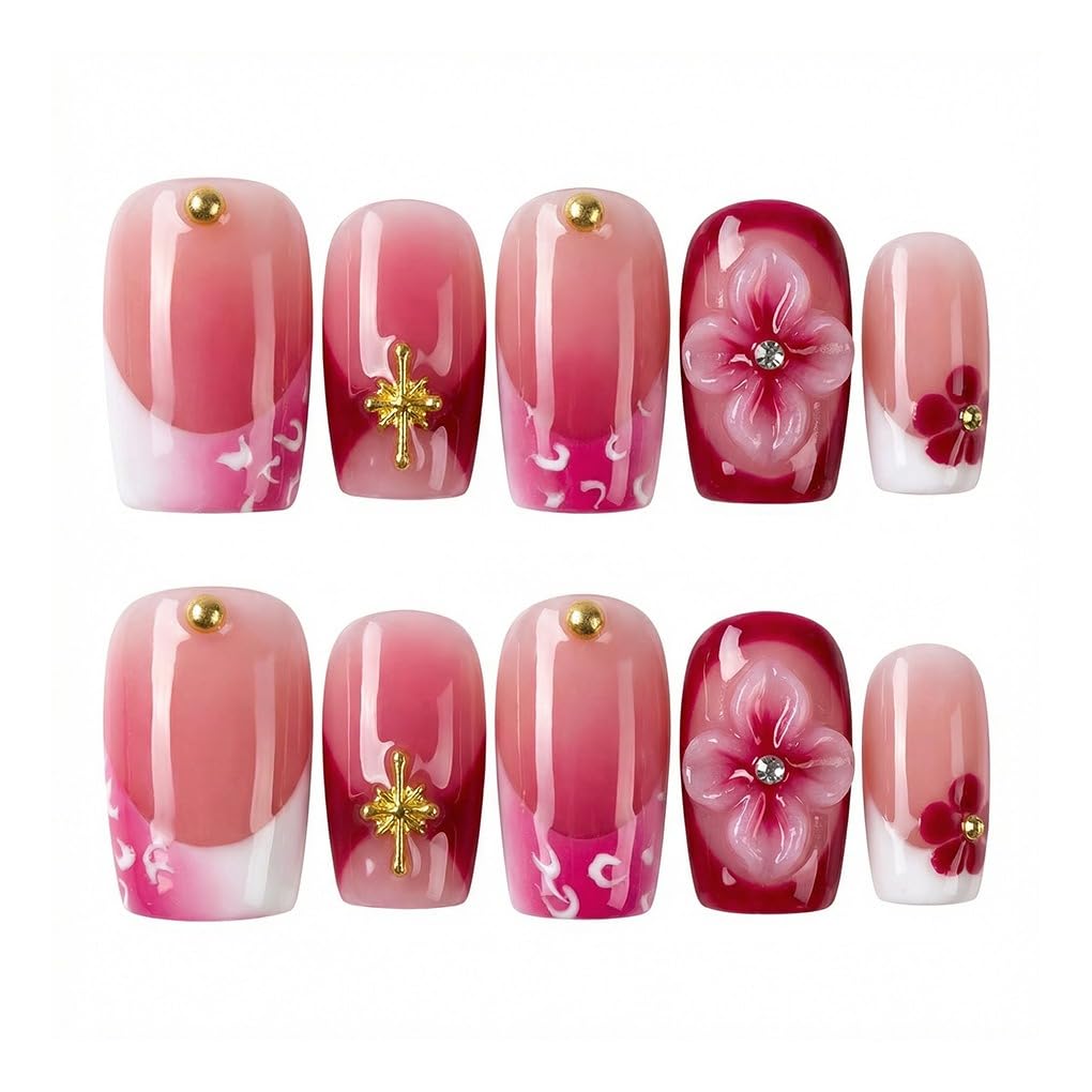 Handmade Press on Nails Pink Gradient French Tip Fake Nails with 3D Flower Design Luxury Short Square Handmade False Nail Muti-Layer Gel Thick Acrylic Nails for Women Manicuare (S)