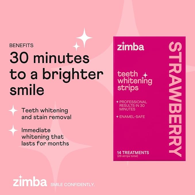 Zimba Teeth Whitening Strips for Teeth Sensitive, White Strips for Teeth Whitening, Teeth Whitener Stain Remover 28 White Strips Included Per Pack, 2 Pack (14 Day Treatment), Strawberry and Mint
