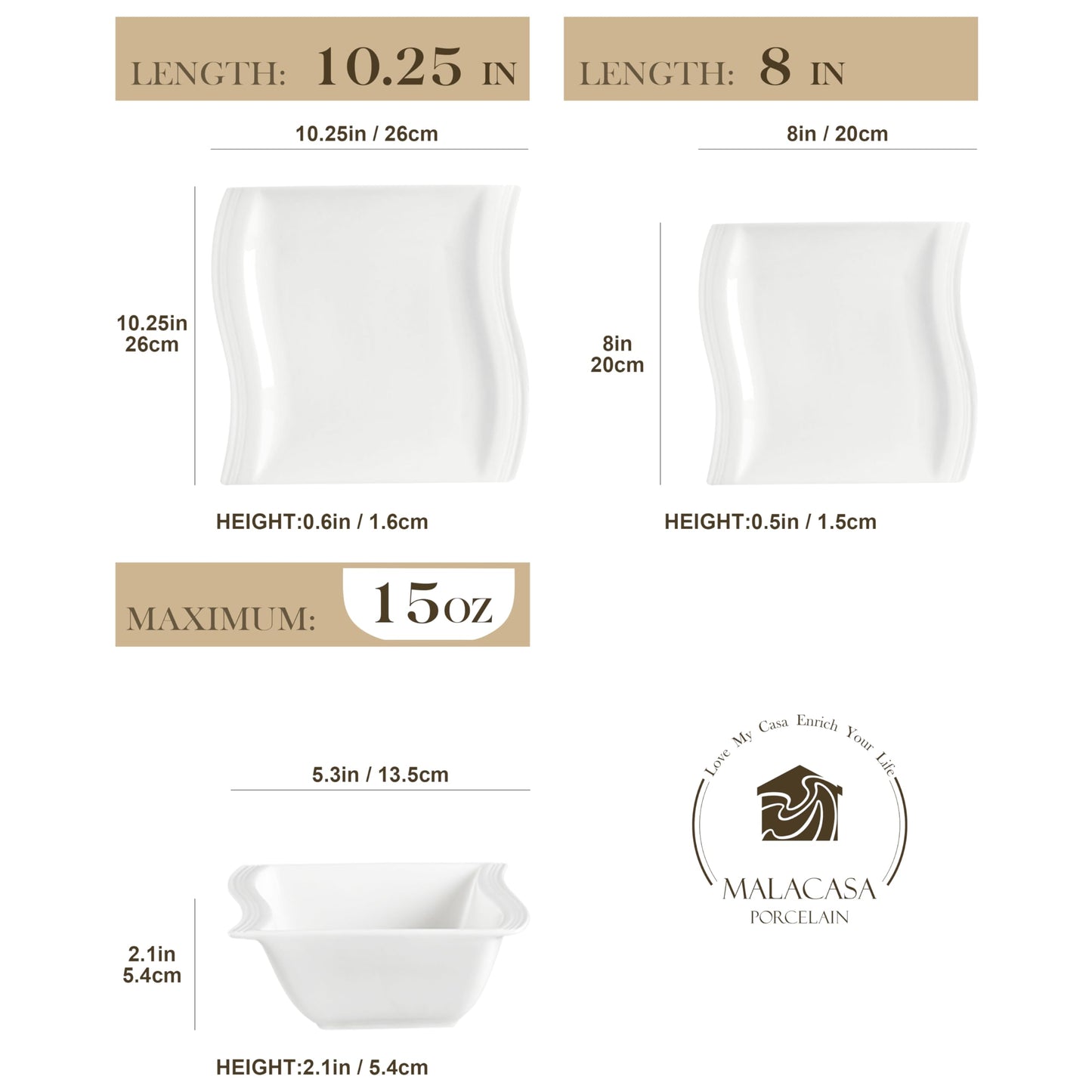 MALACASA Ivory White Dinnerware Set, 12 Pieces - Porcelain Dinner Plates, Dessert Plates and Bowls, Square Flora Pattern
