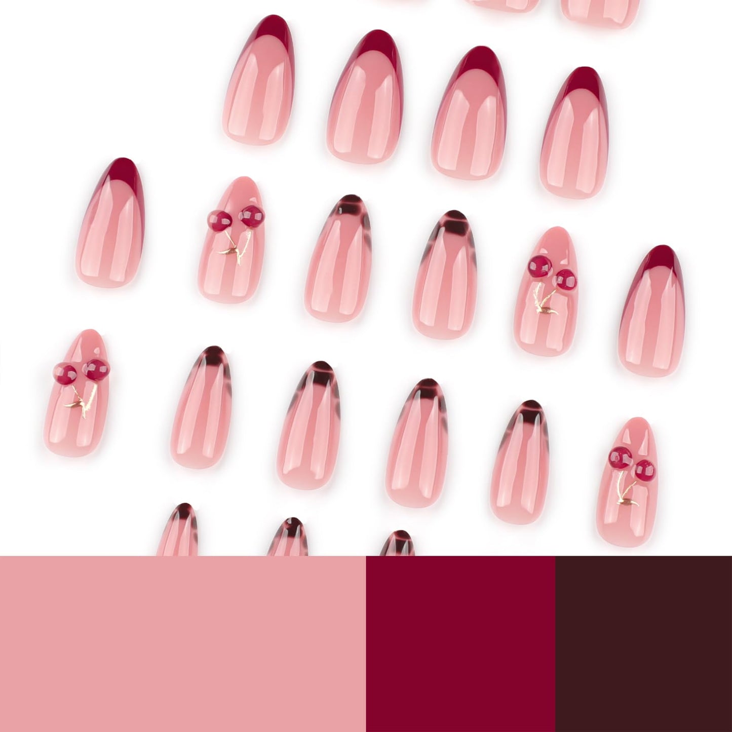 Mivota Medium Press On Nails Almond – 3D Cherry Design with Gold Branch, Red French Tips & Leopard Pattern, 24PCS Acrylic Fake Nails with Glue & Tools, Glossy Reusable Stick On Nails for Women