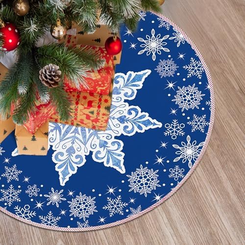 Blue Snowflake Christmas Tree Skirt 36 Inch, Blue Christmas Decorations, Winter Snowflake Xmas Tree Skirt for Home Xmas Party Winter Holiday Decor