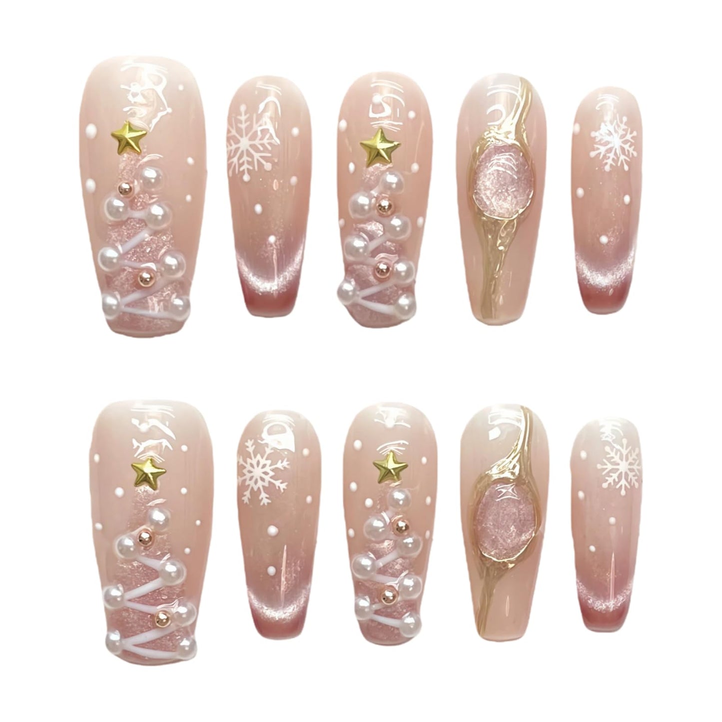 Tesytto Glitter Press on Nails - Sheer Pink Nude Acrylic Handmade Coffin False Nails Winter Xmas Tree with Pearls Snowflake Star for Women Girls (Holiday Opulence-A,S)