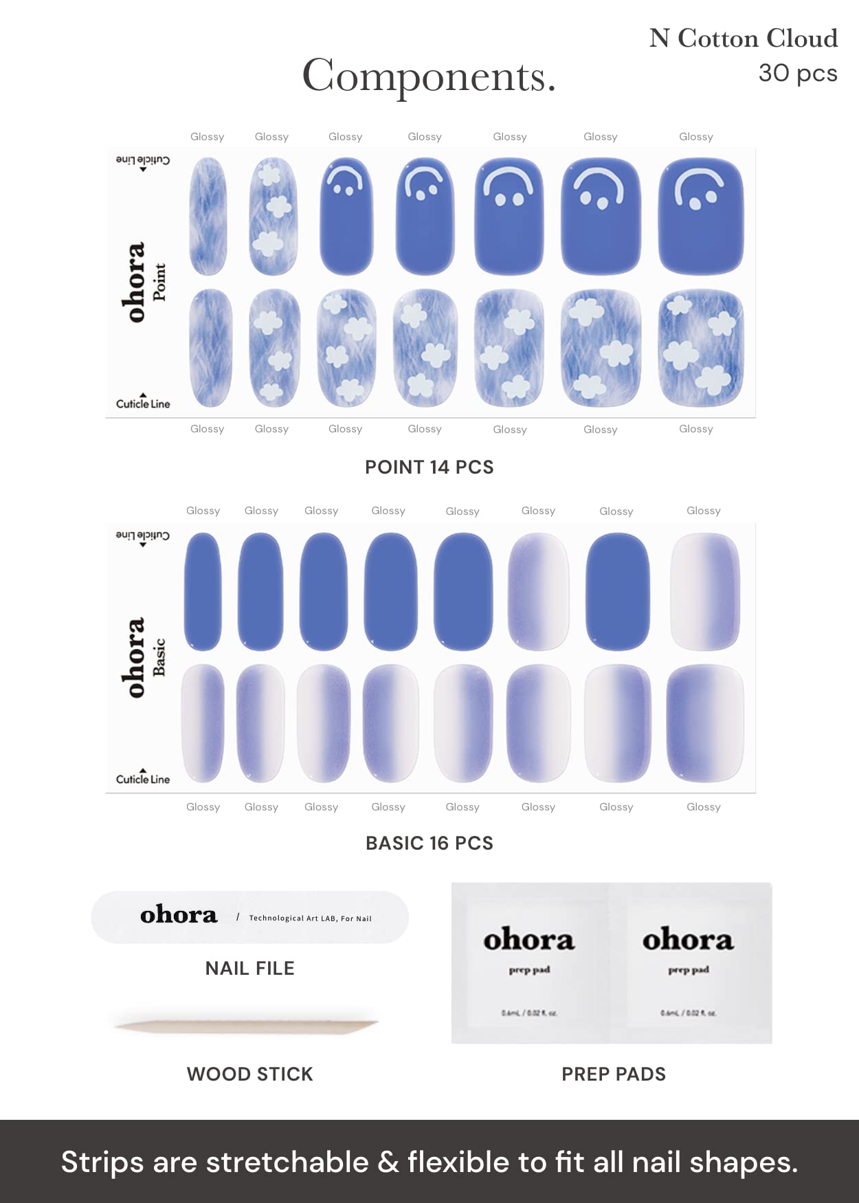 ohora Semi Cured Gel Nail Strips (N Cotton Cloud) - Blue, Patterned, Works with UV/LED Lamps, Salon-Quality, Long Lasting, Easy to Apply & Remove - Includes 2 Prep Pads, Nail File & Wooden Stick