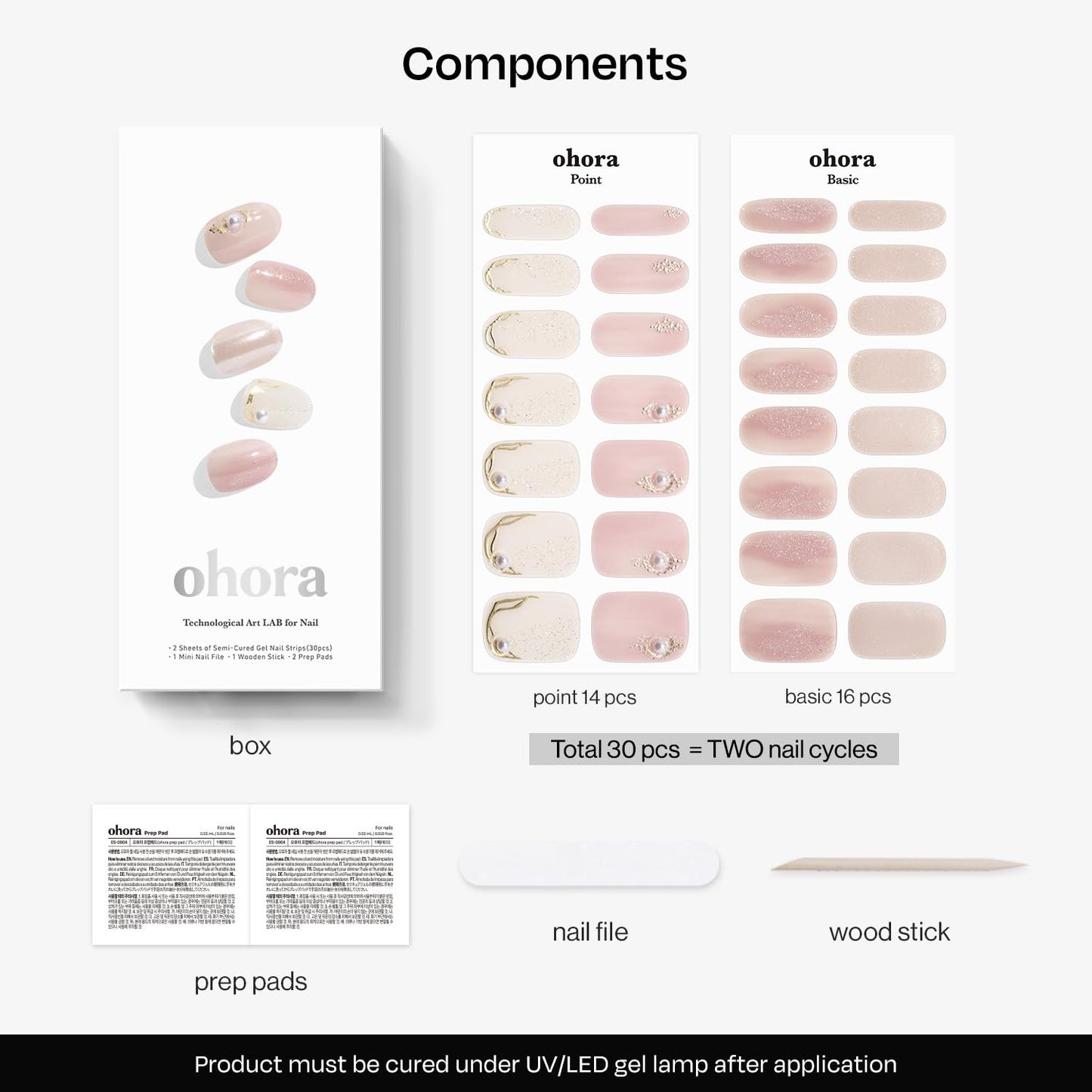 ohora Semi Cured Gel Nail Strips (N Petal Moment) - Marble, Chrome, Pink, Works with Any Lamps, Salon-Quality, Long Lasting, Easy to Apply & Remove - Includes 2 Prep Pads, Nail File & Wooden Stick