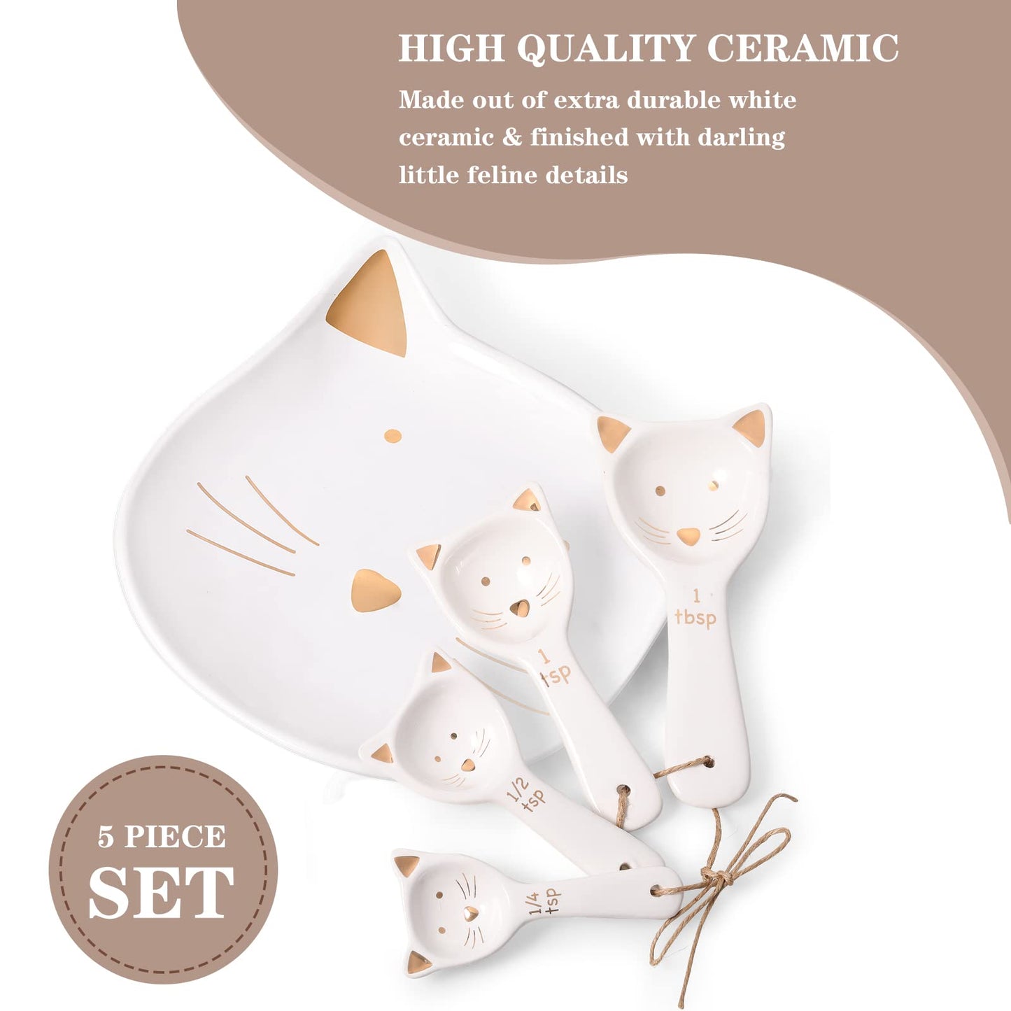 Patelai 5 Pcs Cat Measuring Spoons Set Kitchen Ceramic Counter Cat Ceramic Soup Spoon for Christmas Women Gift(White)