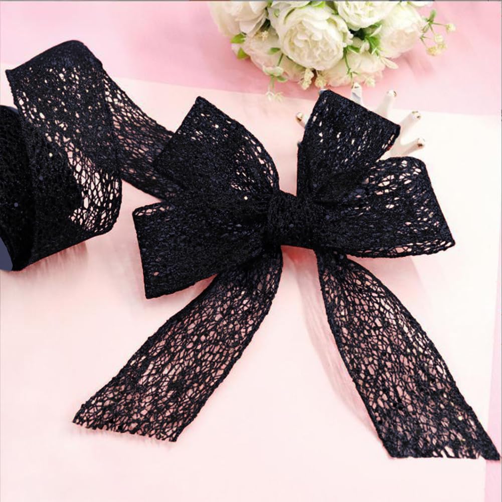 CABODYALS 10 Yards 2.48 Inch Black Glitter Mesh Ribbon Wire Edge Wide Netting Sparkly with Sequins Paillettes Fabric Ribbons for Gift Wrapping Bow Making Bouquet Wedding Home Decor DIY Craft Supply