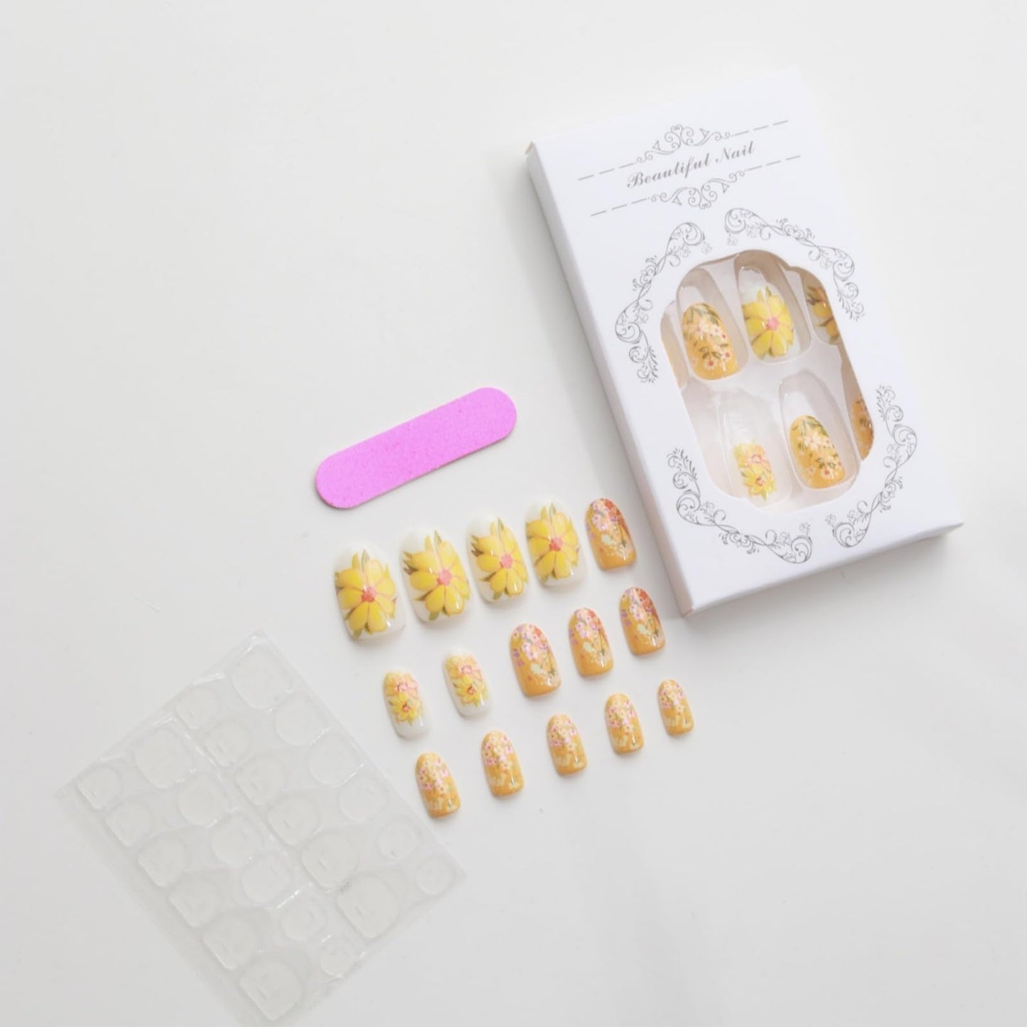 Short Press on Nails Almond Fake Nails Yellow False Nails Floral Artificial Nails with Flowers Designs Stick on Nails for Women 24pcs