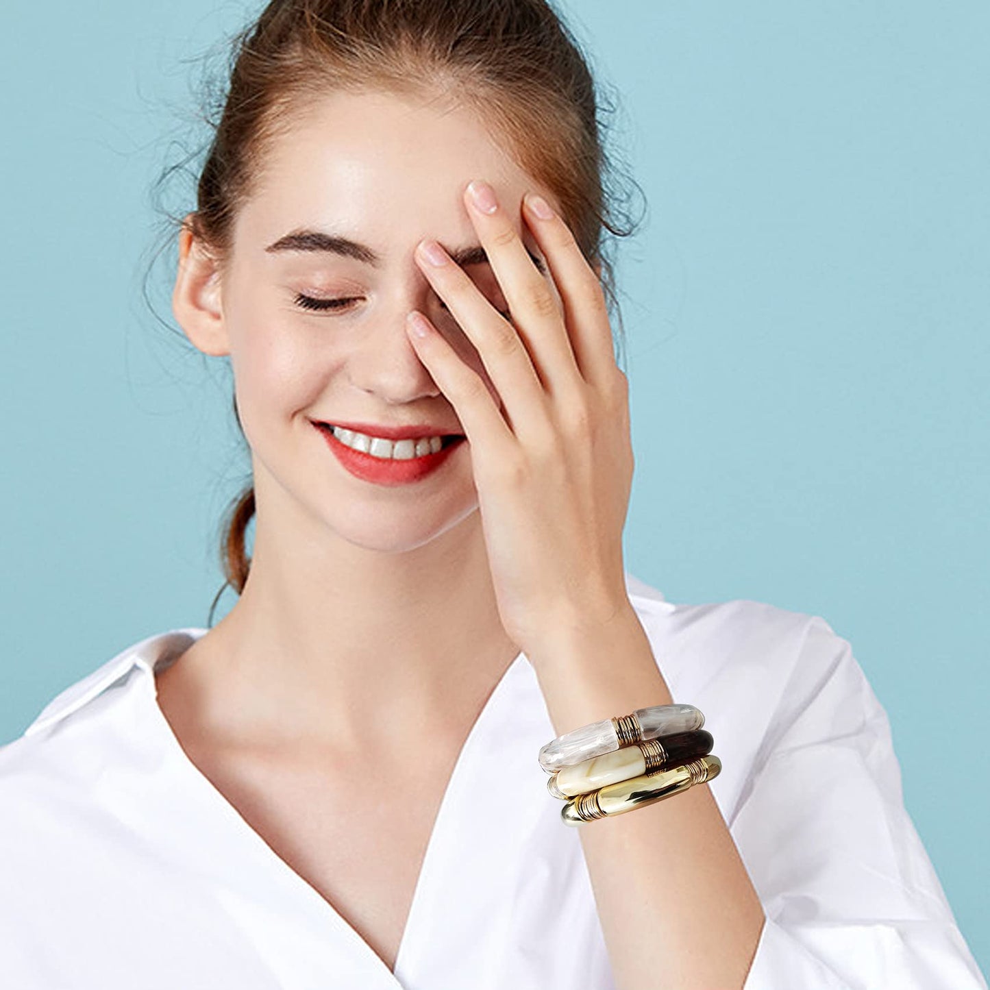 GOOJIDS Simple Beaded Gold Plated Bangles Bracelet Chunky Bamboo Tube Curved Stacking Clear Acrylic Colorful Beads Stretchable Gold Plated Bracelets Set For Women