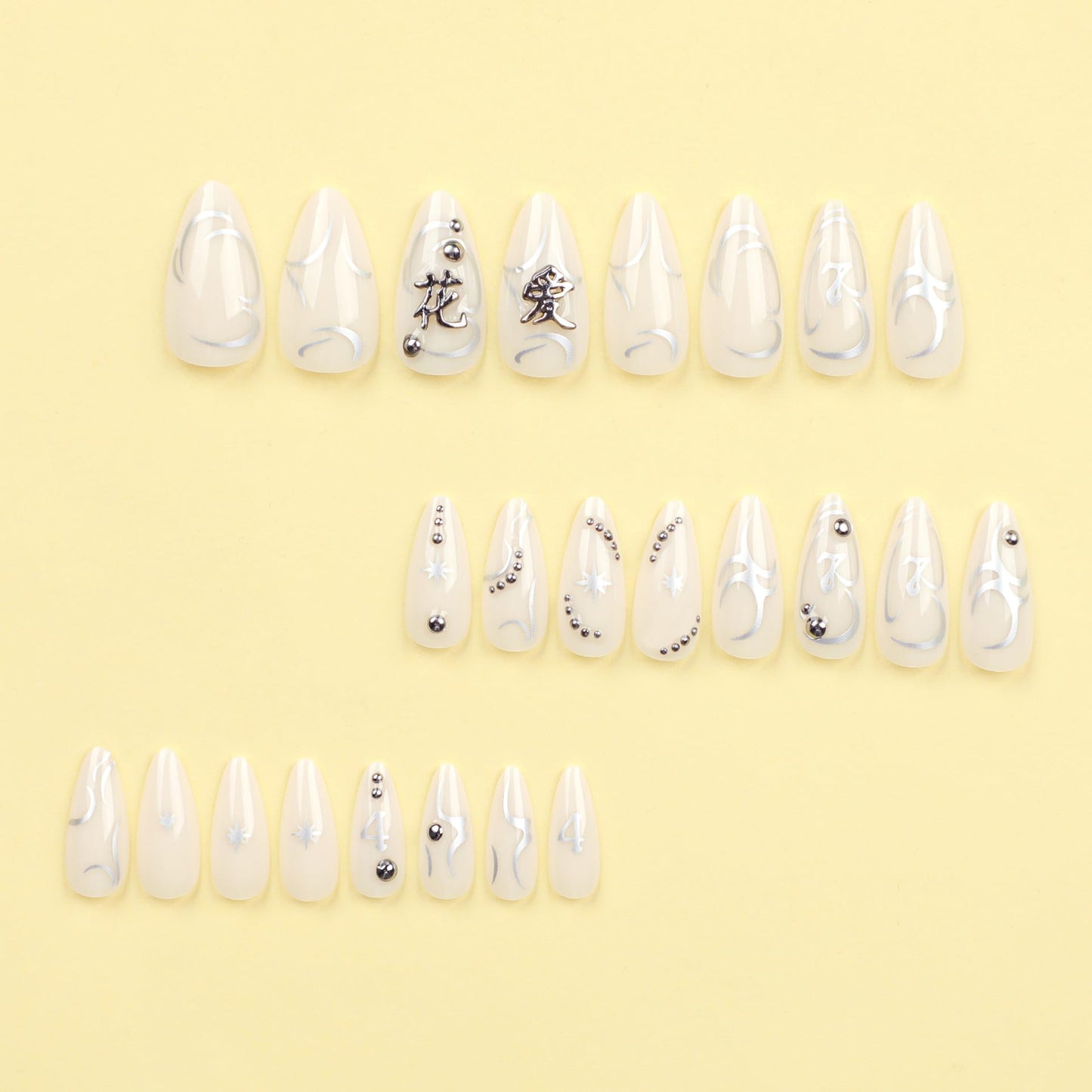 IMSOHOT Almond Press on Nails Medium Fake Nails White Glossy Acrylic False Nails with Metal Charms Designs Full Cover Silver Flame Stiletto UV Artificial Nails for Women and Girls