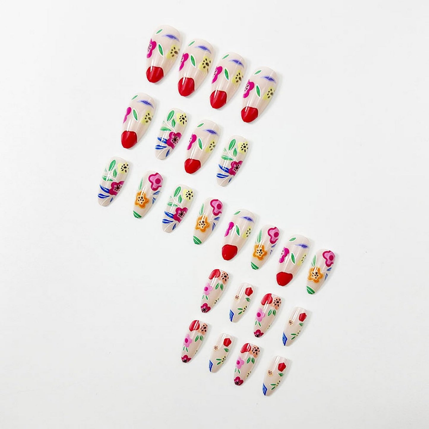 Almond Press on Nails Summer Fake Nails with Colorful Floral designs Acrylic Artificial Nail Full Cover Medium Length Stick on Nail Cute False Nails Reusable Glue on Nails for Women Spring 24pcs
