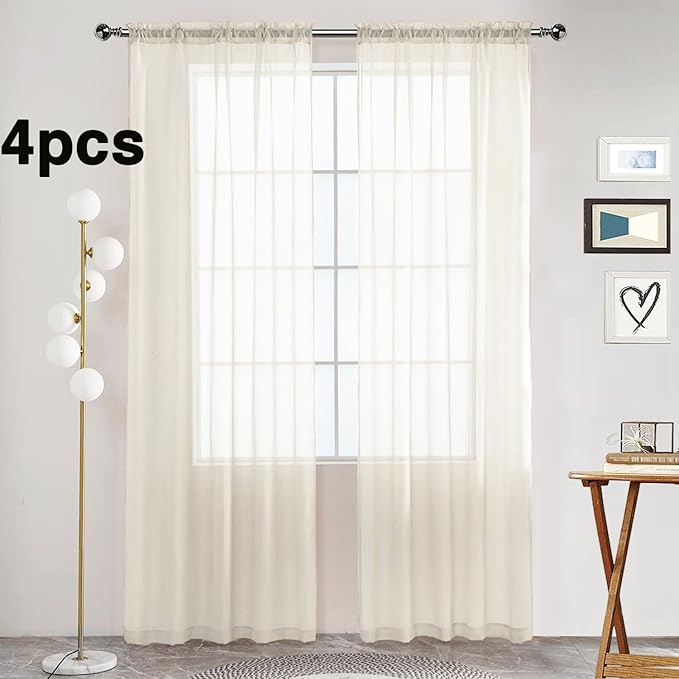 SpaceDresser Ivory Sheer Curtains 4 Panels Rod Pocket Semi-Sheer Curtain 108 Inches Long Light Filtering Voile Window Drapes for Bedroom Living Room Kitchen, Each 52W x 108L