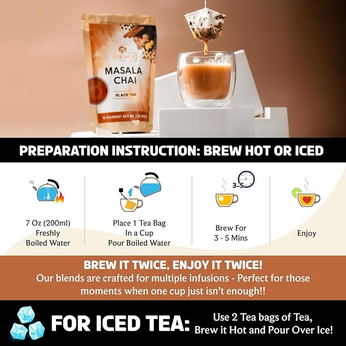 BREWIX, Masala Chai Tea Bags (22 Pyramid Tea Bags) Strong, Robust & Spicy - Pure Ingredients | Black Tea, Cinnamon, Ginger, Black Pepper, Cardamom & Cloves, Packed in Resealable Ziplock Pouch