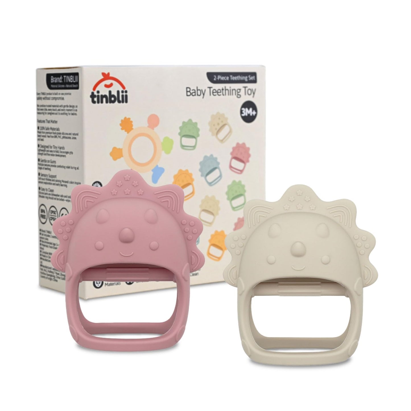 TINBLII Baby Teething Toys 2 Pack, Dinosaur Mitten Teether and Ring Sun Teether with 6 Chewing Points, Silicone Chew Toys for Infants 0-6 6-12 Months, BPA Free Soothing Gum Relief Set (Two Colors)