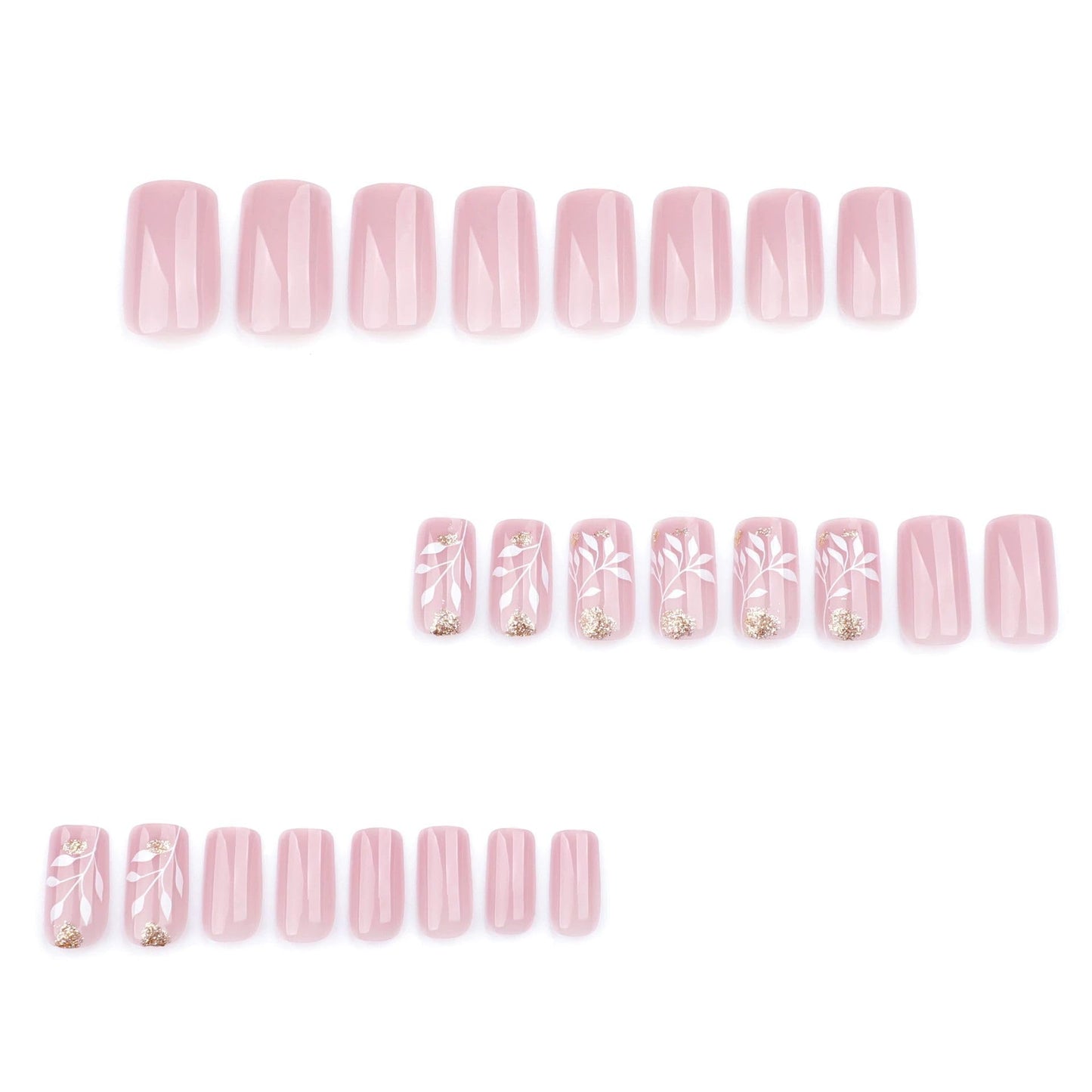 QQPPOLIU Pink Press-on False Nails,Square Glue-on Nails with Leaf Design,Short Stick-on Nails for Women and Girls