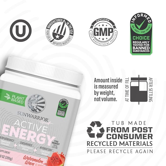 Sunwarrior Plant-Based Preworkout Powder Hydration Blend | Coconut Water Mushroom Blend Soy Free Sugar Free Gluten Free Dairy Free Synthetic Free | Watermelon Wave 30 Servings | Sport Active Energy
