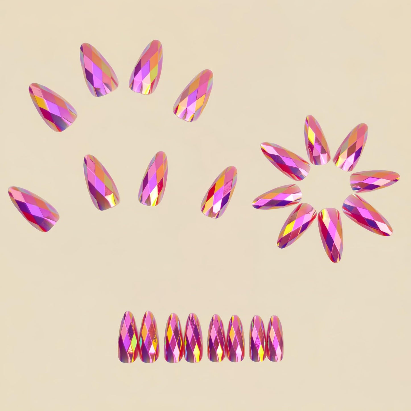 RUOKEXIN Almond Press on Nails Medium Length Fake Nails Pink Chrome False Nails with 3D Rhombus Designs Full Cover Nail Press ons Sparkly Artificial Nails for Women 24Pcs
