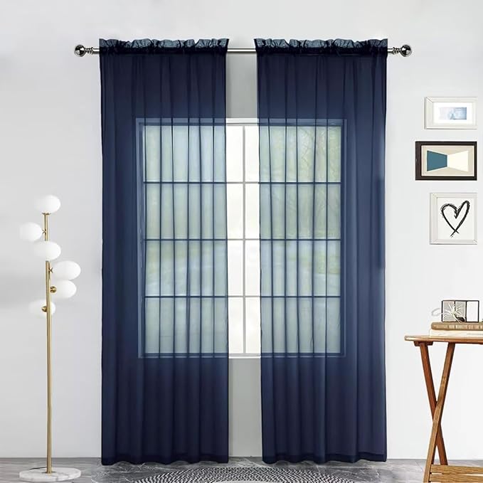SpaceDresser Sheer Voile Window Treatment Rod Pocket Curtain Panels for Kitchen Bedroom Living Room Drapes Sunlight Filtering Privacy Semi Home Decor Assorted Colors Sizes (Navy, 52 W x 84 L)