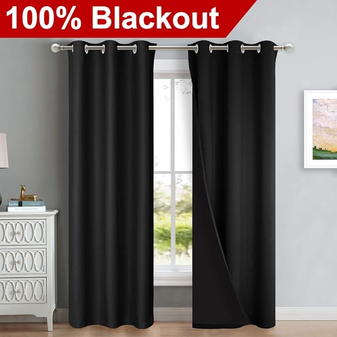 NICETOWN High-End Thermal Curtains, Full Blackout Curtains 84 Inches Long for Dining Room, Soundproof Window Treatment Drapes for Hall Room, Black, 42" Wide Per Panel, Set of 2 Panels