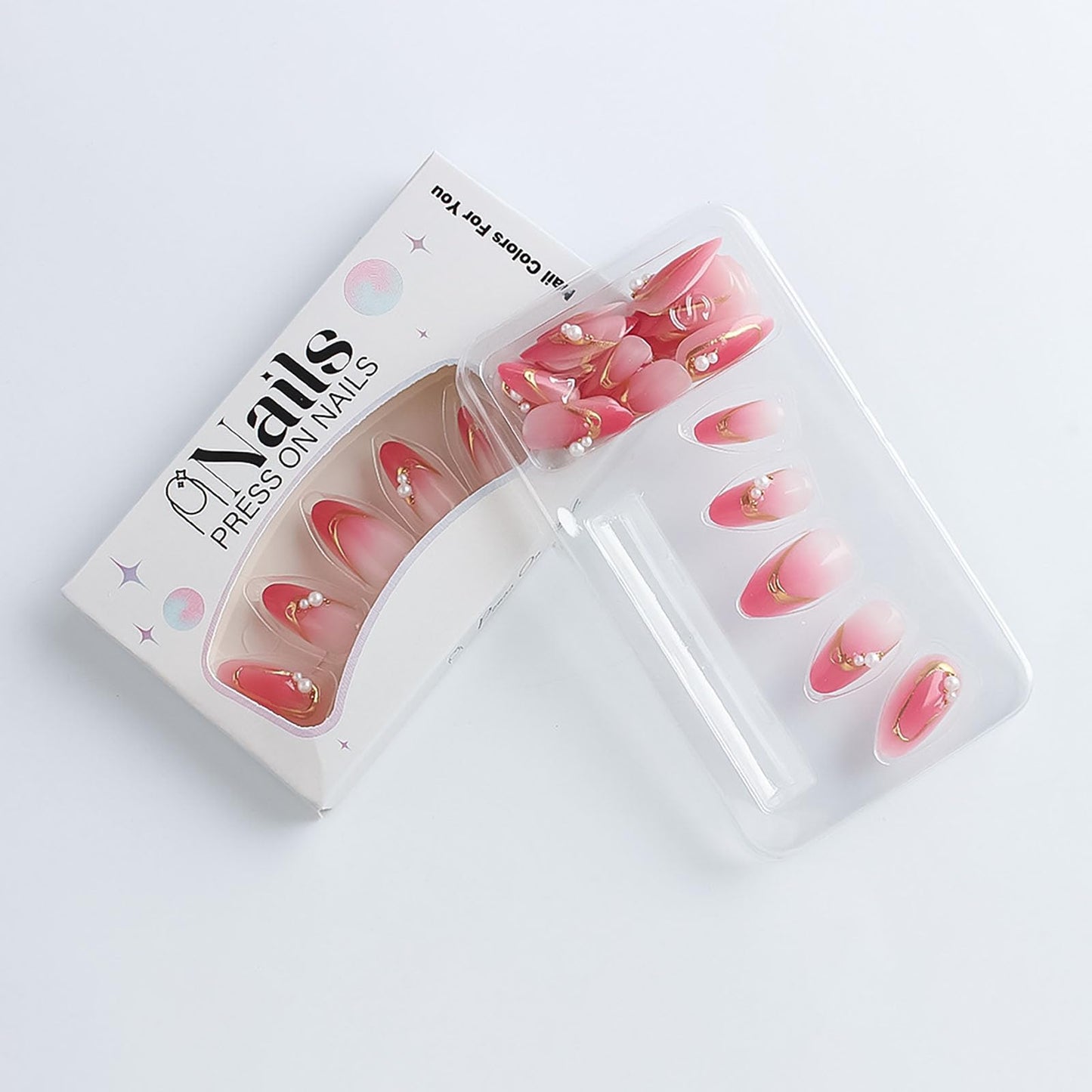RUOKEXIN Almond Press on Nails French Tip Fake Nails Pink Ombre False Nails with Pearl Designs Medium Nail Press ons Sparkly Artificial Nails for Women 30Pcs