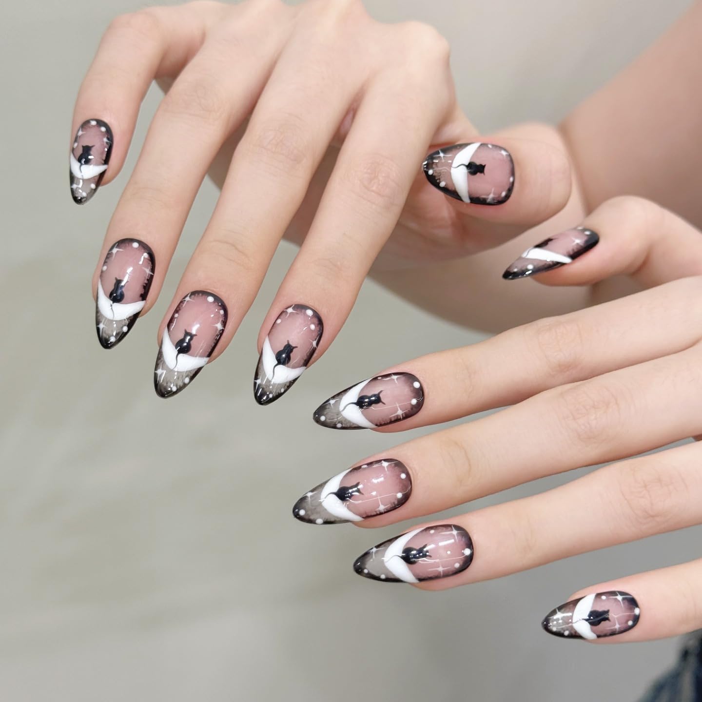 Yacey Cat Handmade Press on Nails, Medium Almond Reusable False Nails Press Ons, Hand-Painted Sugar Goth French Tip Thick Acrylic Fake Nails, Luxury Bling Glue on Nails for Women Girls (10 Pcs, M)