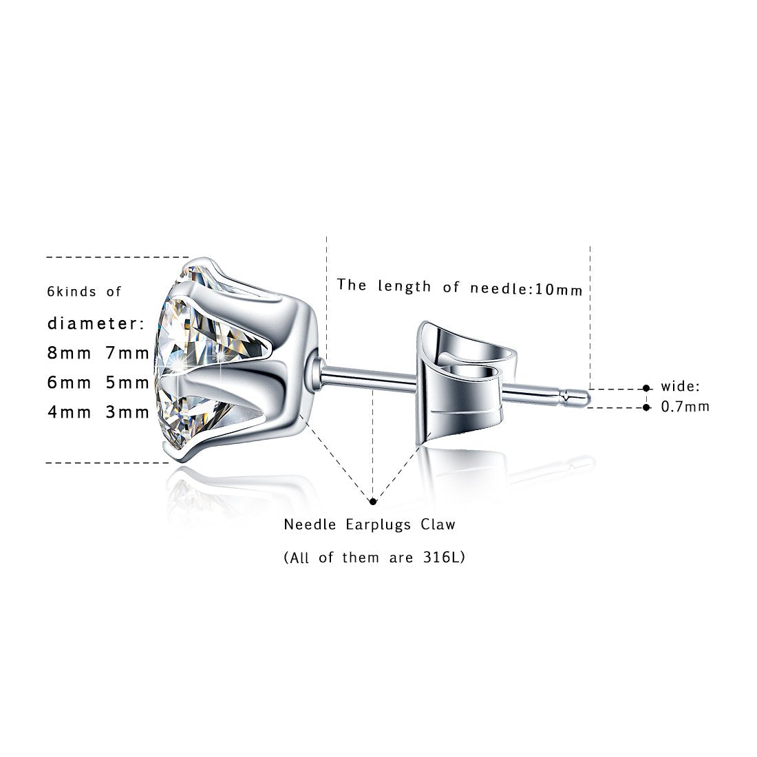 Stainless Steel Stud Earrings Hypoallergenic Cubic Zirconia (6Pairs) (Silver)