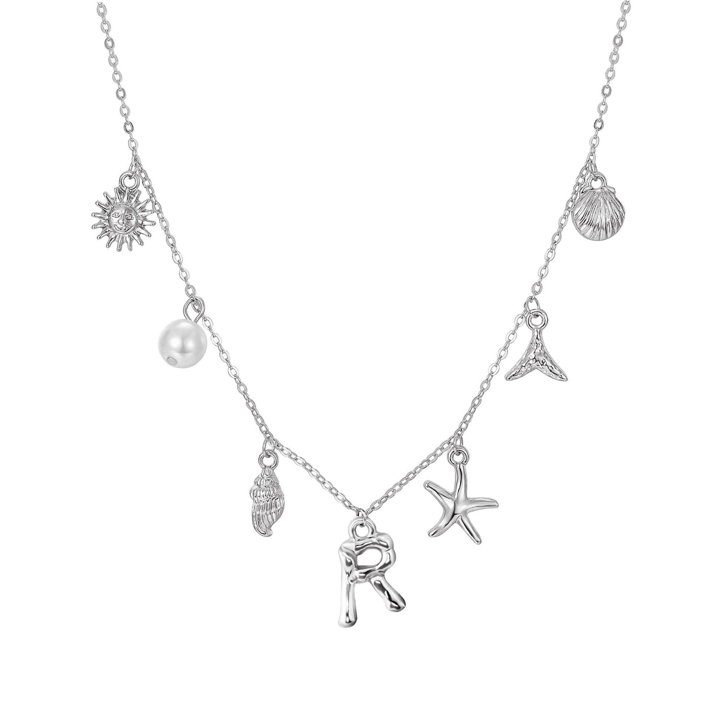JALZEMPL Initial Charm Necklace For Women Seashell Shell Letter Boho Summer Beach Starfish 14k Gold Plated Silver Pendant Surfer Jewelry Gifts (R,Silver)