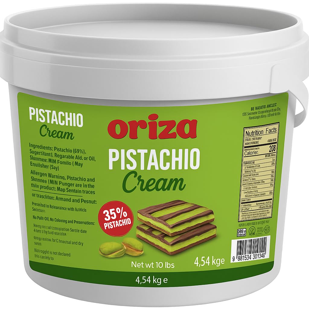 Oriza Pistachio Cream, 10lbs Pail (Pack of 2) – Premium Bakery Spread with 35% Pistachios, Palm Oil Free, Non-GMO – Ideal for Pastries, Gelato, Cakes & Dessert Filling