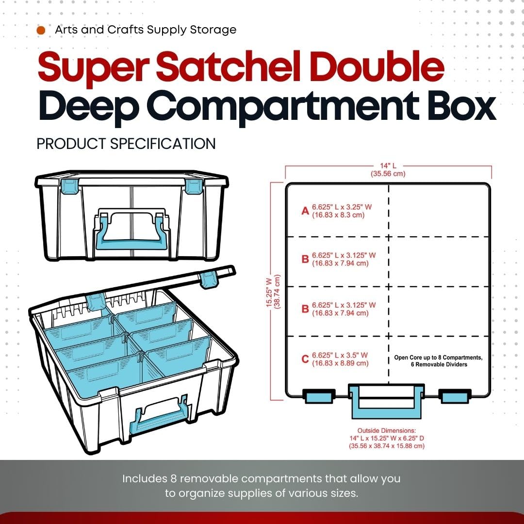 ArtBin 6990SA Super Satchel Double Deep Compartment Box - Art Storage with 8 Removable Compartments, Smart Closure for Craft Supplies (Clear & Aqua- Pack of 1)