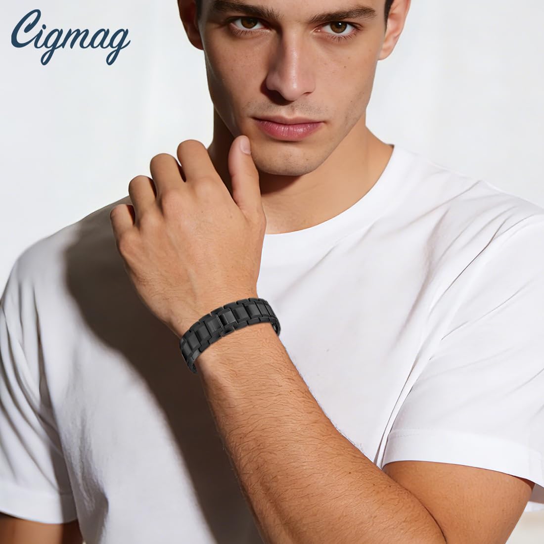 Cigmag Copper Bracelet for Men, Triple Row Magnetic Bracelet with Strength 3800 Gauss Magnets, Adjustable with Sizing Tool (Black)