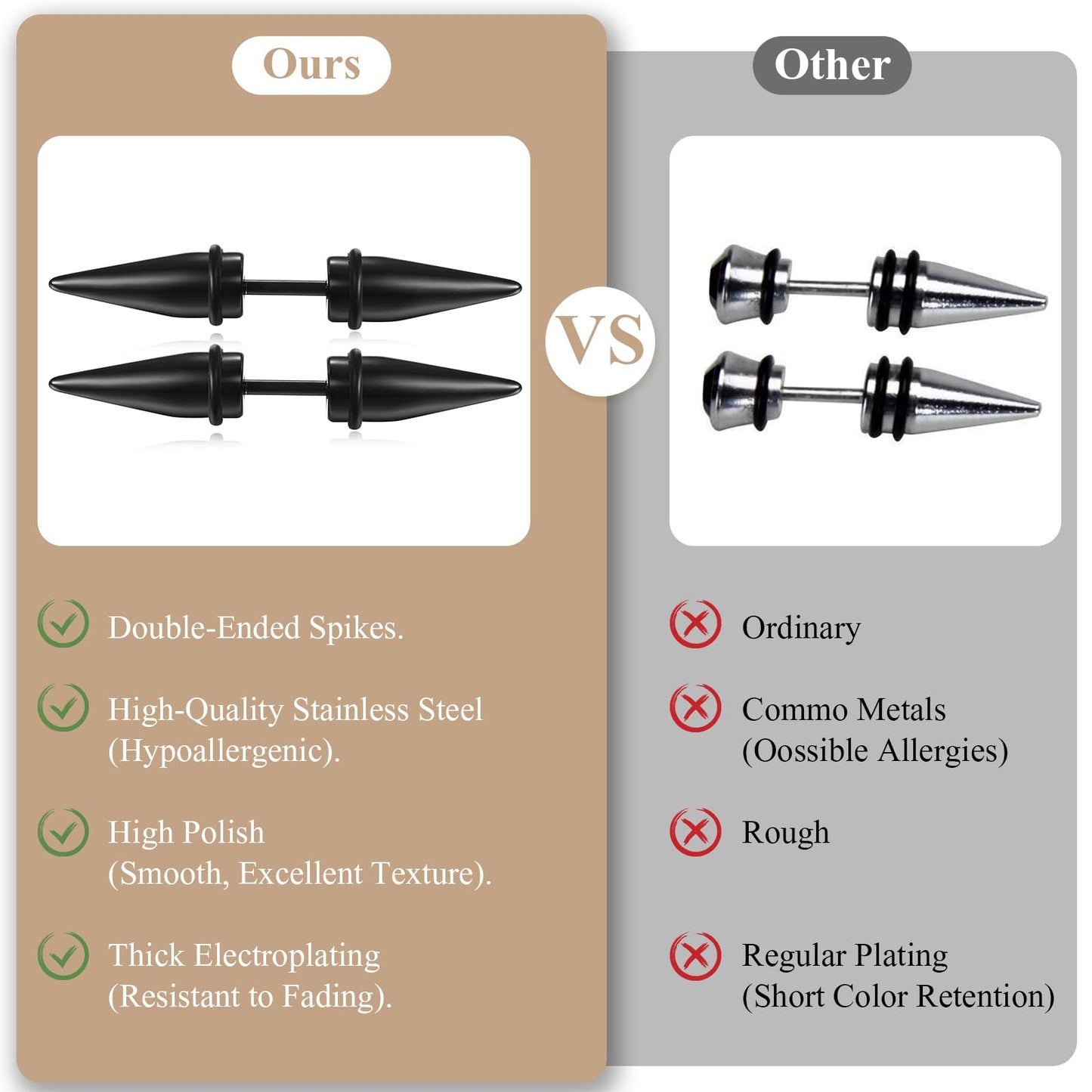 Aroncent Hypoallergenic Spike Stud Earrings - 3Pcs Punk Double Spike Stainless Steel Earrings Piercings Rivet Stud Earrings Statement Jewelry