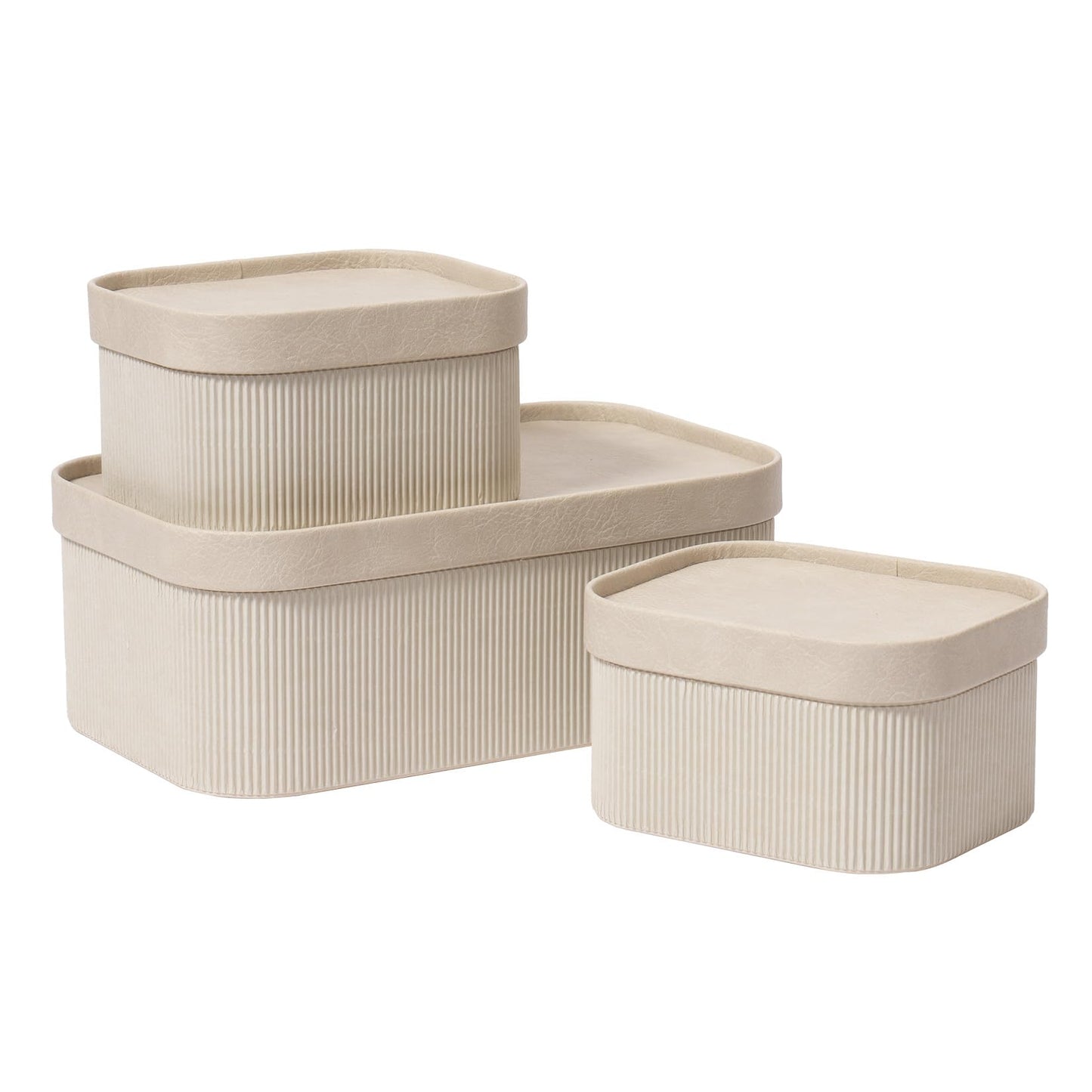 La Jolie Maison Fluted Cardboard Storage Baskets with Leather-Like Lids, Sturdy Stackable Paper Boxes Decorative Tray,Set of 3 Ivory