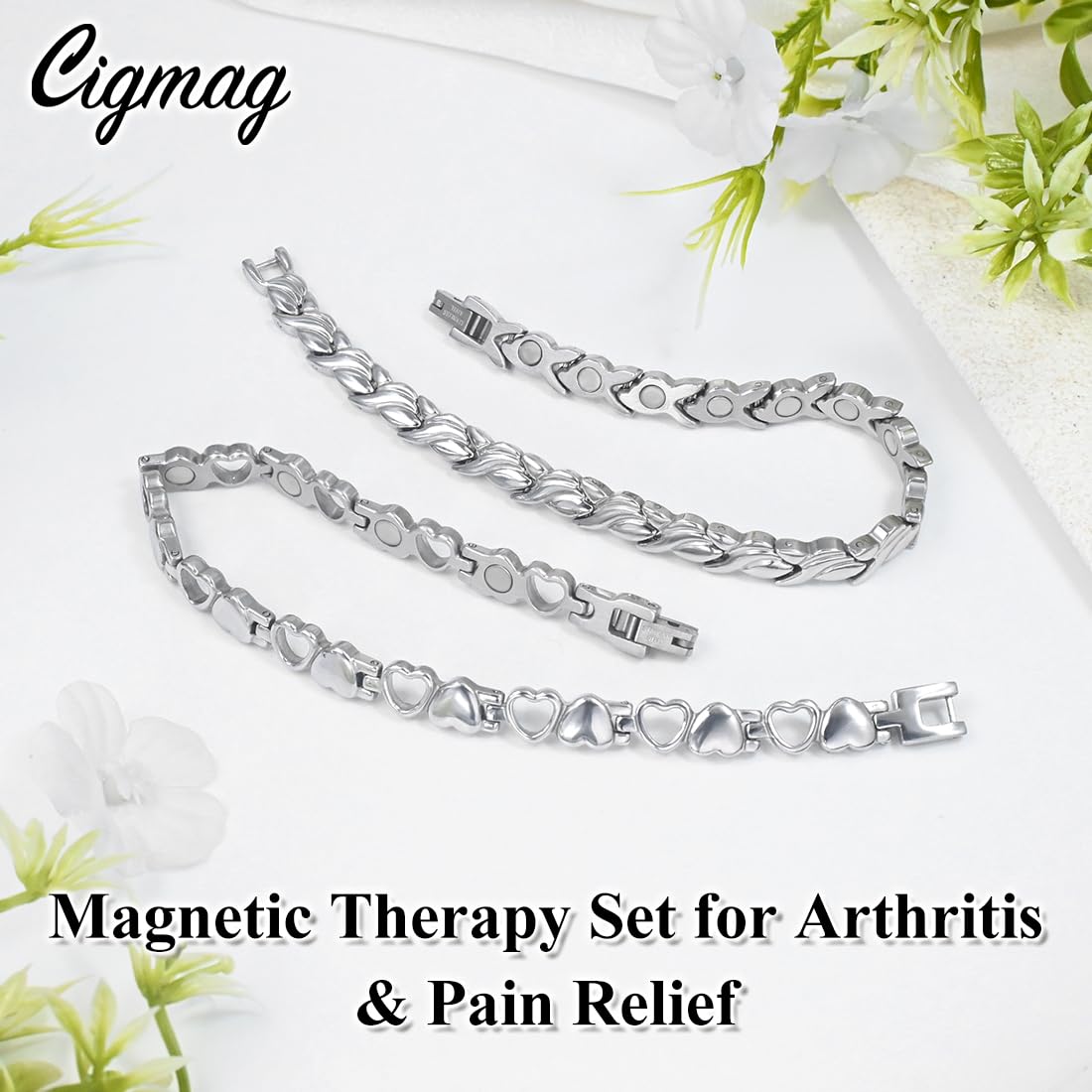 Cigmag 2PCS Magnetic Bracelets for Women Adjustable Titanium Steel Magnetic Bracelet with Strength Magnets Sizing Tool and Present Box