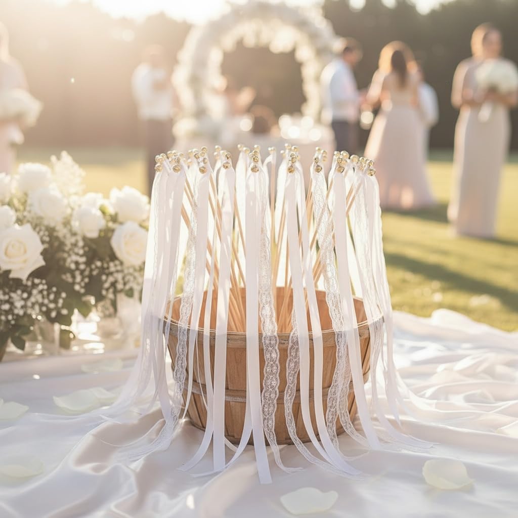 Trutob 30 Pcs Wedding Wand, White Ribbon Sticks, Wedding Streamers, Lace Ribbon Streamers, Wedding Exit Items, Send Off Wands, Props Sticks with Bells for Wedding Party Celebration Favors