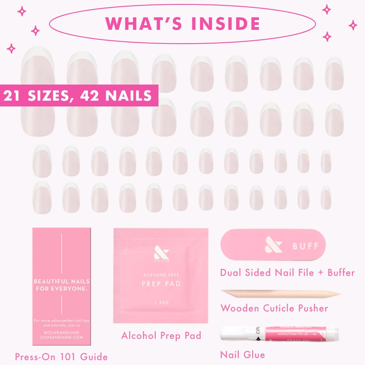 Olive & June Instant Mani Press-On Nails (Glue) | 42 Fake Nails, 21 Sizes | Non-Toxic, Long-Lasting Recycled Materials Realistic Look | Spring Flowers & Patterns | Medium, Oval | Chrome French