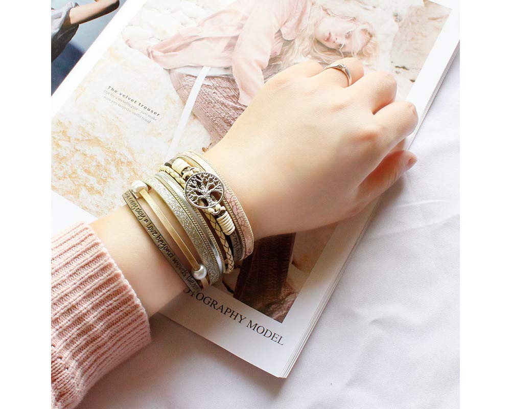 Fesciory Leopard Bracelet for Women, Boho Leather Wrap Multi-Layer Pearl Crystal Bracelet Bangle Jewelry(Tree of Life(Beige))