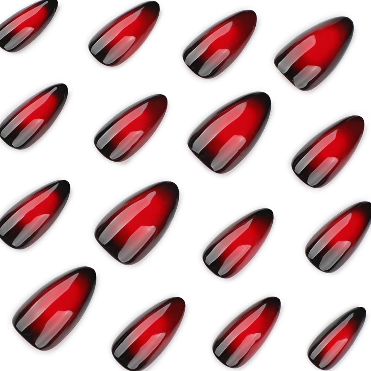 Red Black Ombre Press on Nails Medium Almond Fake Nails Sassy False Nails Full Cover Glossy Acrylic Nails for Women 24PCS