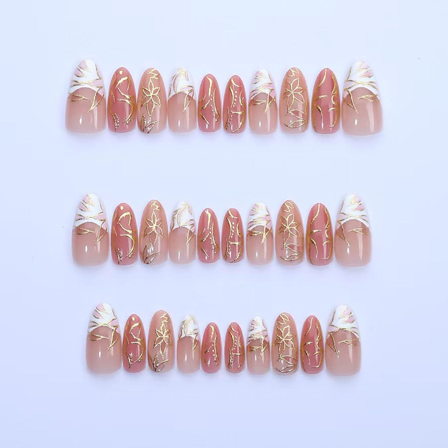 RUOKEXIN 30Pcs Almond Press on Nails Medium Length Fake Nails Gold Sparkly False Nails with Flower Designs French Tip Nail Press ons Glossy Artificial Nails for Women