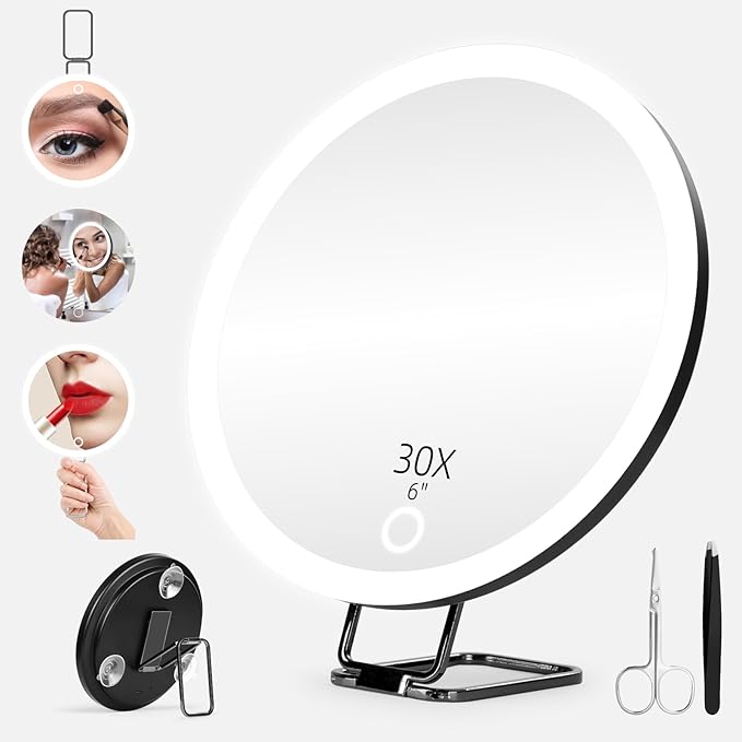 30x Magnifying Mirror With Light, Large 6" Rechargeable Lighted With Suction Cups & Table Stand, 3 Color Modes Dimmable Light up Travel Makeup High Magnification