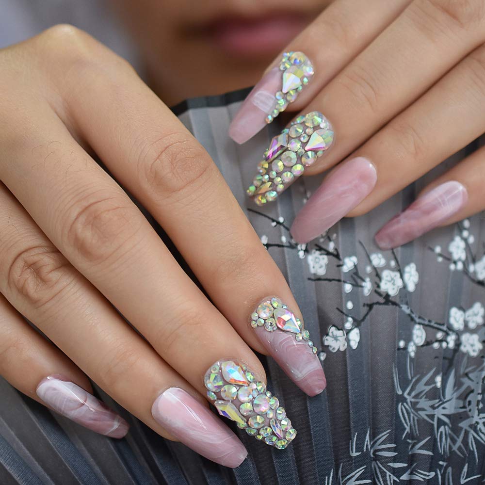 Marble Faux Ongles Large Pink Stones Pre-designed Luxurynails Extra Long Coffin Shape Ladies Party Wedding Decoration Accessories
