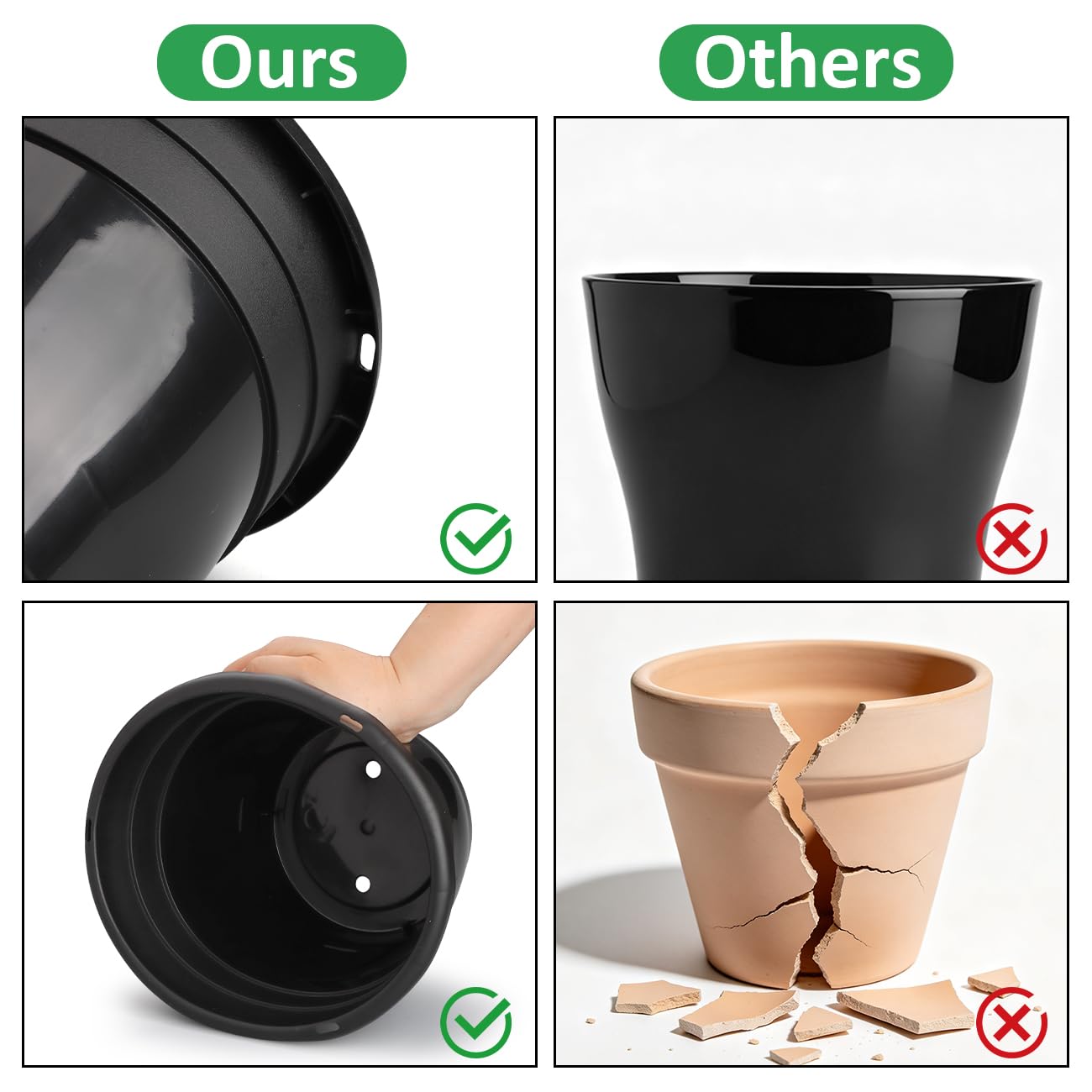 RooTrimmer 8 Inch Black Plastic Plant Pots Set of 10 with Clear Saucers – Durable Flower Pots with Drainage Holes for Indoor & Outdoor Plants